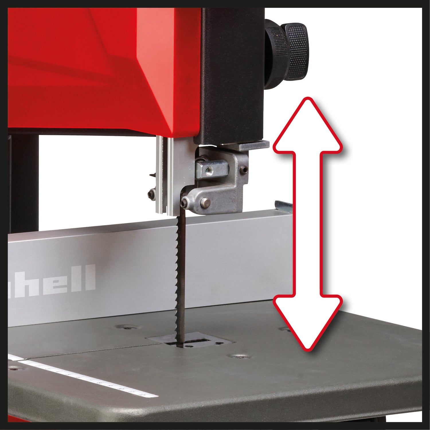 Einhell TC-SB 200 + szalagfűrész, 300 W, szerszám nélküli szalagcsere, párhuzamos ütköző, magasságállítás, robusztus szalagfűrész-vezető, folyamatosan állítható asztal