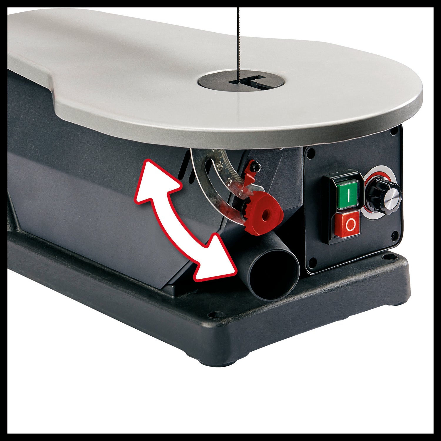 Einhell TC-SS 405 E szúrófűrész, masszív keret, állítható fémasztal, munkadarab-szorító, gyorskioldó eszköz, fűrészlapokkal együtt