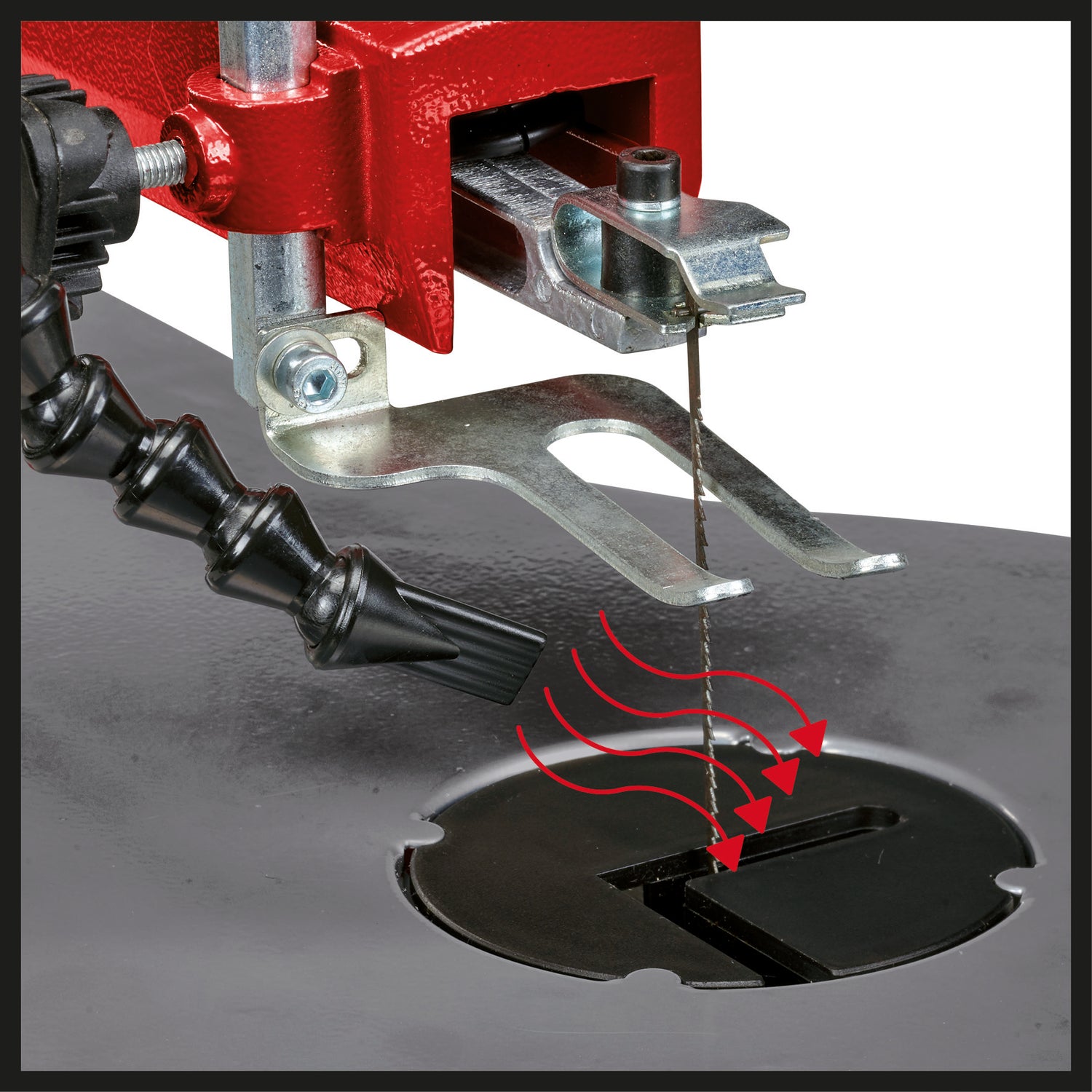 Einhell TC-SS 406 E körfűrész, 120 W, vágási magasság 50 mm, 47°-ban dönthető asztal, változtatható sebesség, fúvó, 2 fűrészlappal együtt
