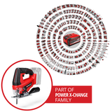 Einhell TC-JS 18 Li Power X-Change akkus szúrófűrész, Li-ion, 18V, löketmagasság 20 mm, ferde vágások maximum 45°-ban, inga funkció, szerszám nélküli fűrészlap-tartó, fűrészlappal együtt, akkumulátor és töltő nélkül