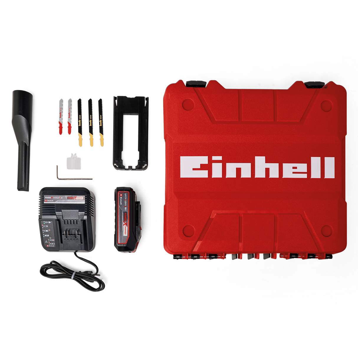 Einhell akkus szúrófűrész TC-JS 18 Li (1x2,5 Ah Power X-Change (Li-ion, 18 V, ingafunkció, porelszívó adapter, 1x 2,5 Ah akkumulátorral, töltővel és táskával)