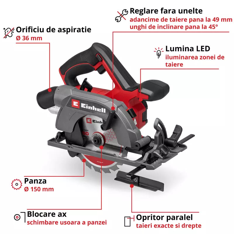 Fierastrau circular de mana pe acumulator Einhell TE-CS 18/150-2 Li - Solo Power X-Change,18 V, disc Ø 150 mm, adancime taiere 49 mm, reglare fara scule, LED, fara baterie - imagine 4