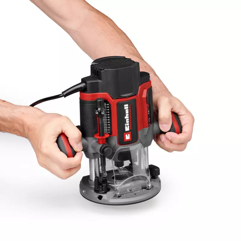 Freza profesionala Einhell TP-RO 1400 E,1400 W, cursa 55 mm, pensete Ø 6 si 8 mm, LED, inclusiv ghidaj paralel, varf compas, manson copiere si scule - imagine 9