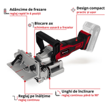 Masina de frezat pentru dibluri din lemn/biscuitorpe acumulator Einhell TE-BJ 18 Li-Solo Power X-Change (18 V, Li-ion, reglare infinita a unghiului/inaltimii, reglare a adancimii in 6 trepte, fara acumulator sau incarcator