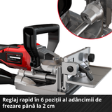 Masina de frezat pentru dibluri din lemn/biscuitorpe acumulator Einhell TE-BJ 18 Li-Solo Power X-Change (18 V, Li-ion, reglare infinita a unghiului/inaltimii, reglare a adancimii in 6 trepte, fara acumulator sau incarcator