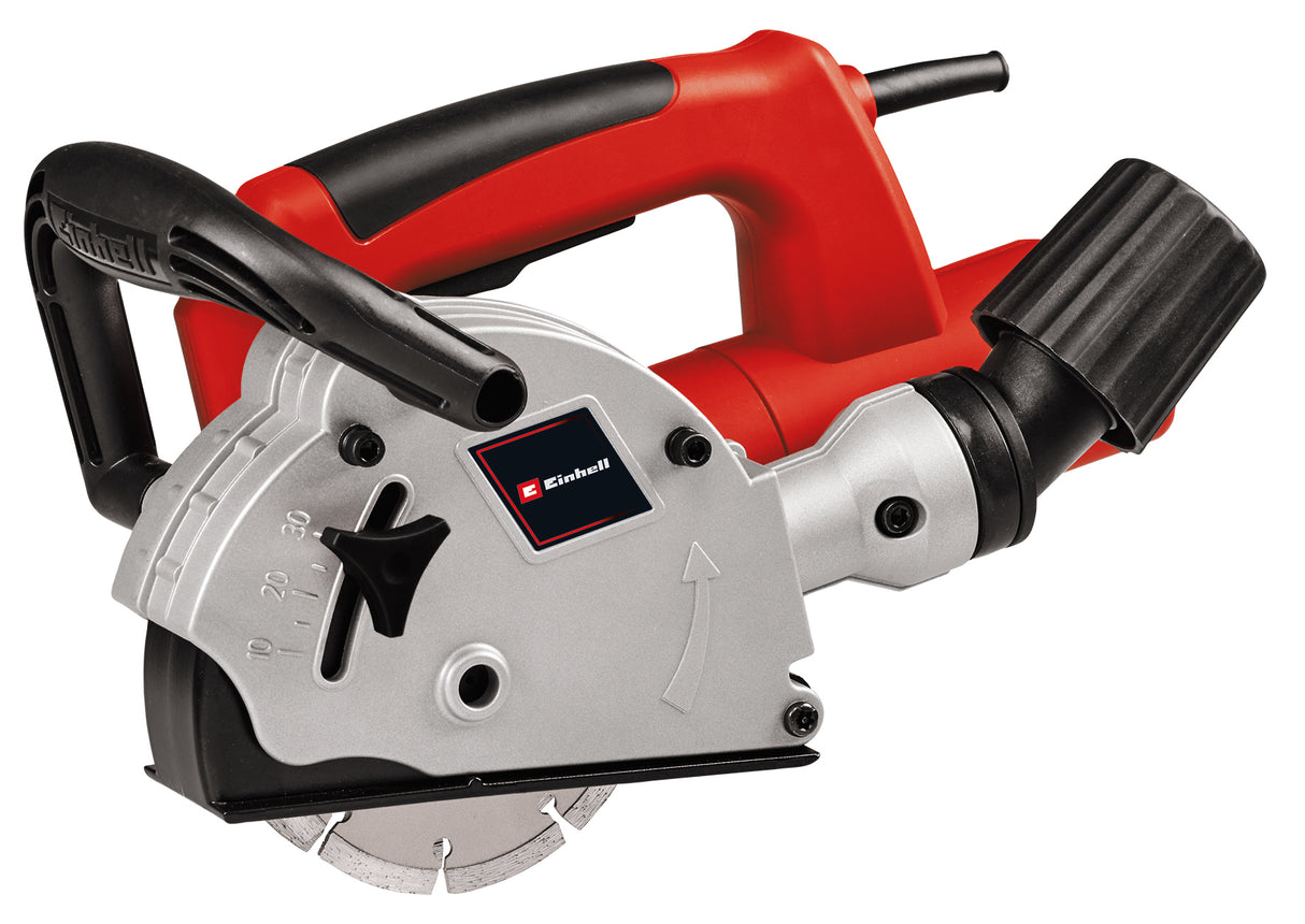 Einhell TC-MA 1300 falcsiszoló, 1320 W, üresjárati fordulatszám 9000 ford/perc, maximális horonyszélesség 26 mm, maximális horonymélység 30 mm, tengelyreteszelés, 2 db 125 mm átmérőjű vágókoronggal