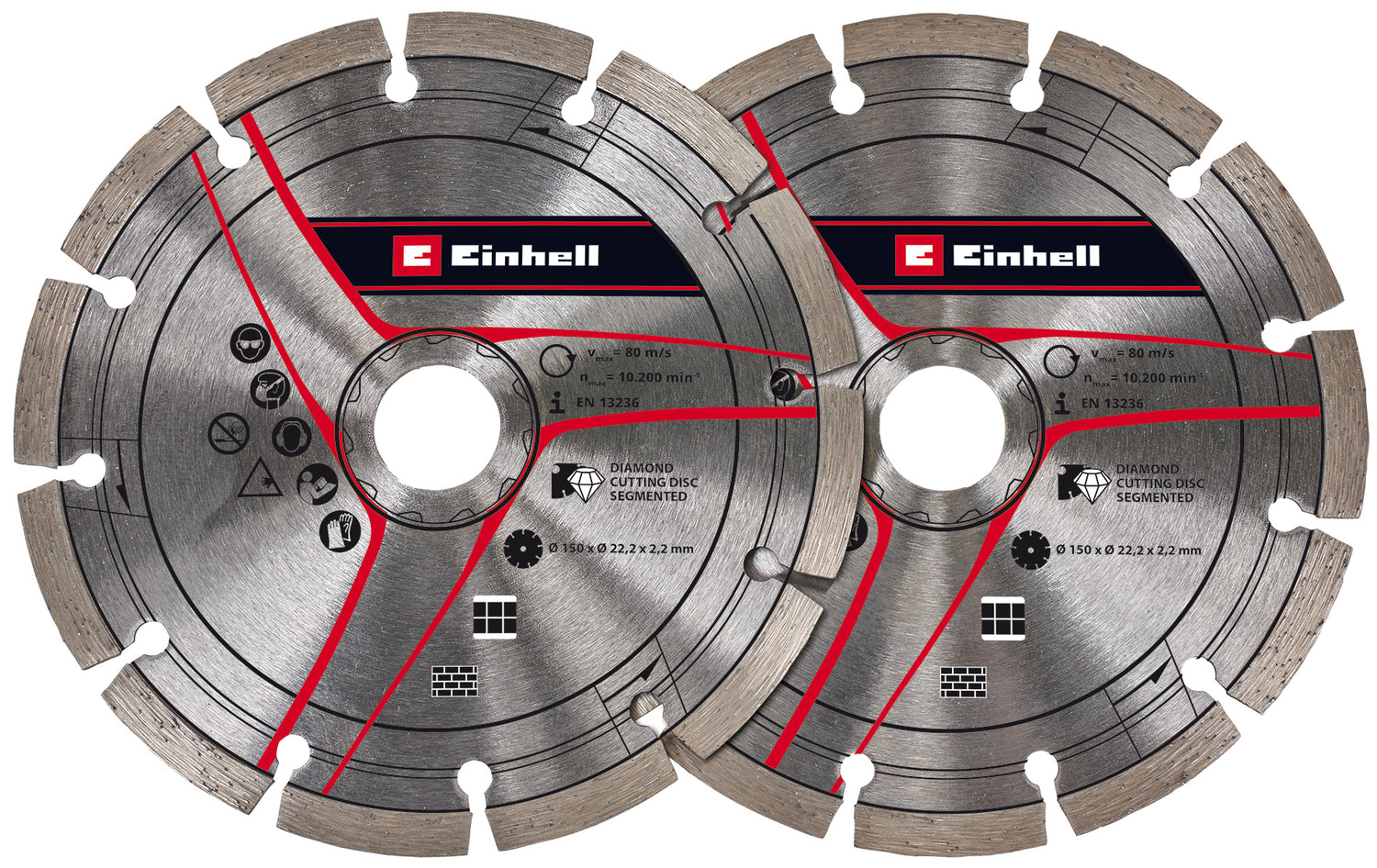 Set original Einhell de discuri diamantate de taiere de 150 mm ca accesoriu pentru freze de perete (Ø150 mm, 2 bucati, gaura de 22,2 mm, potrivit pentru freza de perete Einhell TE-MA 1700)