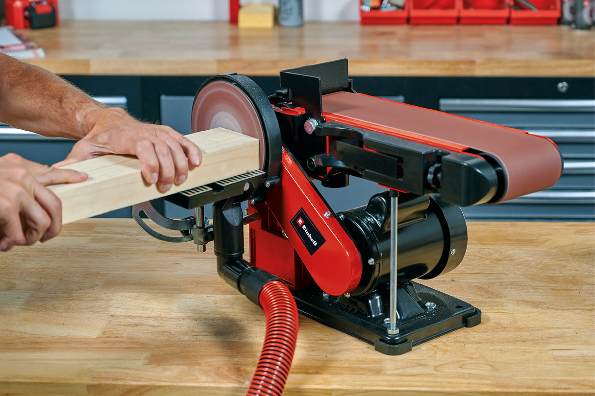 Slefuitor cu banda disc stationar Einhell TC-US 380, 380 W, viteza banda stationara 292 m/min, viteza disc abraziv 1.450 rpm, incl. 1x banda abraziva K80 si 1x hartie abraziva disc K80