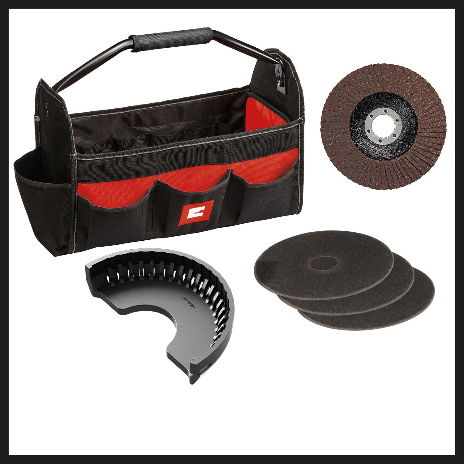 Kit polizor unghiular Einhell TC-AG 125/850, 850 W, 12.000 min-1, adancime maxima de taiere 28 mm, diametru max disc 125 mm, incl. 3 discuri de taiere, 1 disc de slefuit si 1 geanta Einhell