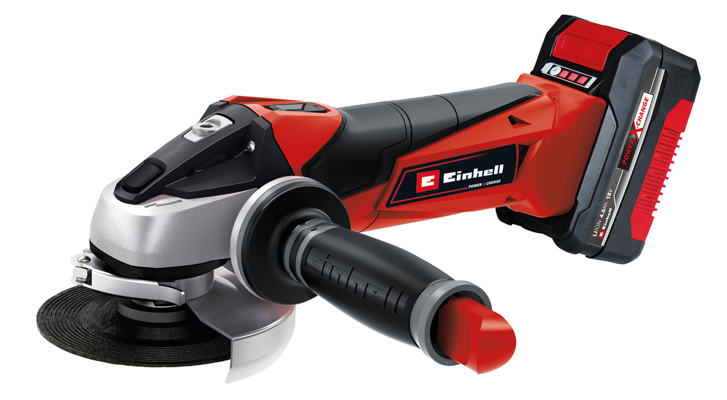 Einhell akkus sarokcsiszoló TE-AG 18/115 Li Kit Power X-Change, 18 V, 115 mm-es tárcsaátmérő, 28 mm-es vágási mélység, vágókoronggal, 4.0 Ah-s akkumulátorral és töltővel együtt