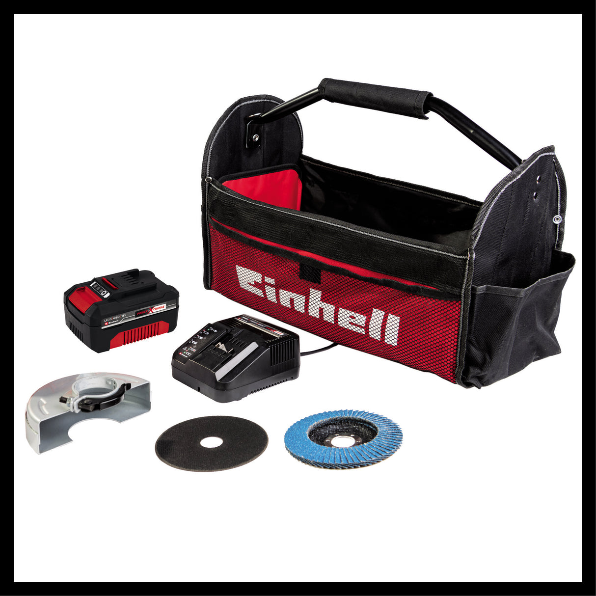 Einhell akkus sarokcsiszoló TE-AG 18/115 Li Kit Power X-Change, 18 V, 115 mm-es tárcsaátmérő, 28 mm-es vágási mélység, vágókoronggal, 4.0 Ah-s akkumulátorral és töltővel együtt