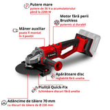 Polizor unghiular pe acumulator Einhell Professional AXXIO 36/230 Q Power X-Change, 36 V, 2200 W, adancime maxima de taiere 70 mm, 6.600 rpm, motor fara perii, livrat fara acumulator, incarcator si disc de taiere