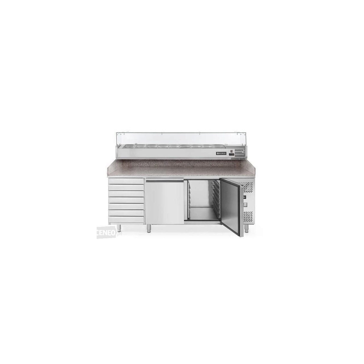 Masa pizza profesionala, cu 2 usi 7 sertare 280 L inox, ARKTIC by Hendi interval temperatura -2/+8 gr C 250 W 2020x800x(H)875 mm