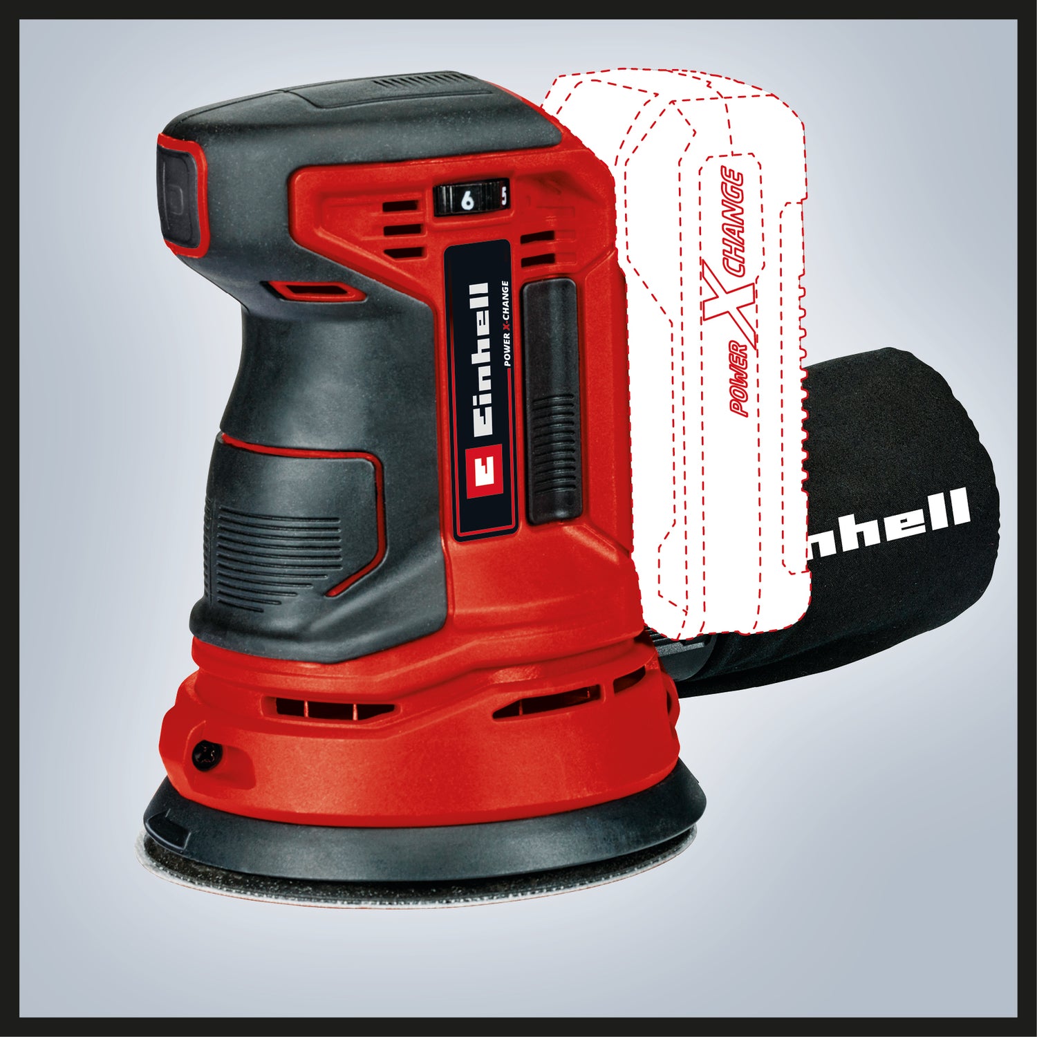 Einhell akkus orbitális csiszoló TE-RS 18 Li-Solo Power X-Change, lítium-ion akkumulátorral, elektronikus fordulatszám-szabályozással, mikro-tépőzáras rögzítéssel, 1x P80 csiszolópapírral, akkumulátor és töltő nélkül