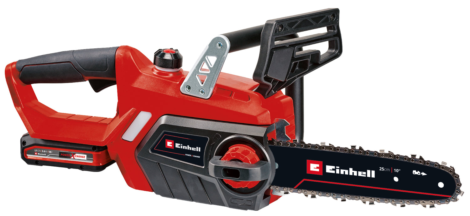 Drujbă fără fir Einhell GE-LC 18/25-1 Li Kit Power X-Change (18 V, lungime de tăiere 23 cm, viteză lanț 4,5 m/s, lubrifiere automată a lanțului, inclusiv 1 baterie 3,0 Ah + încărcător)