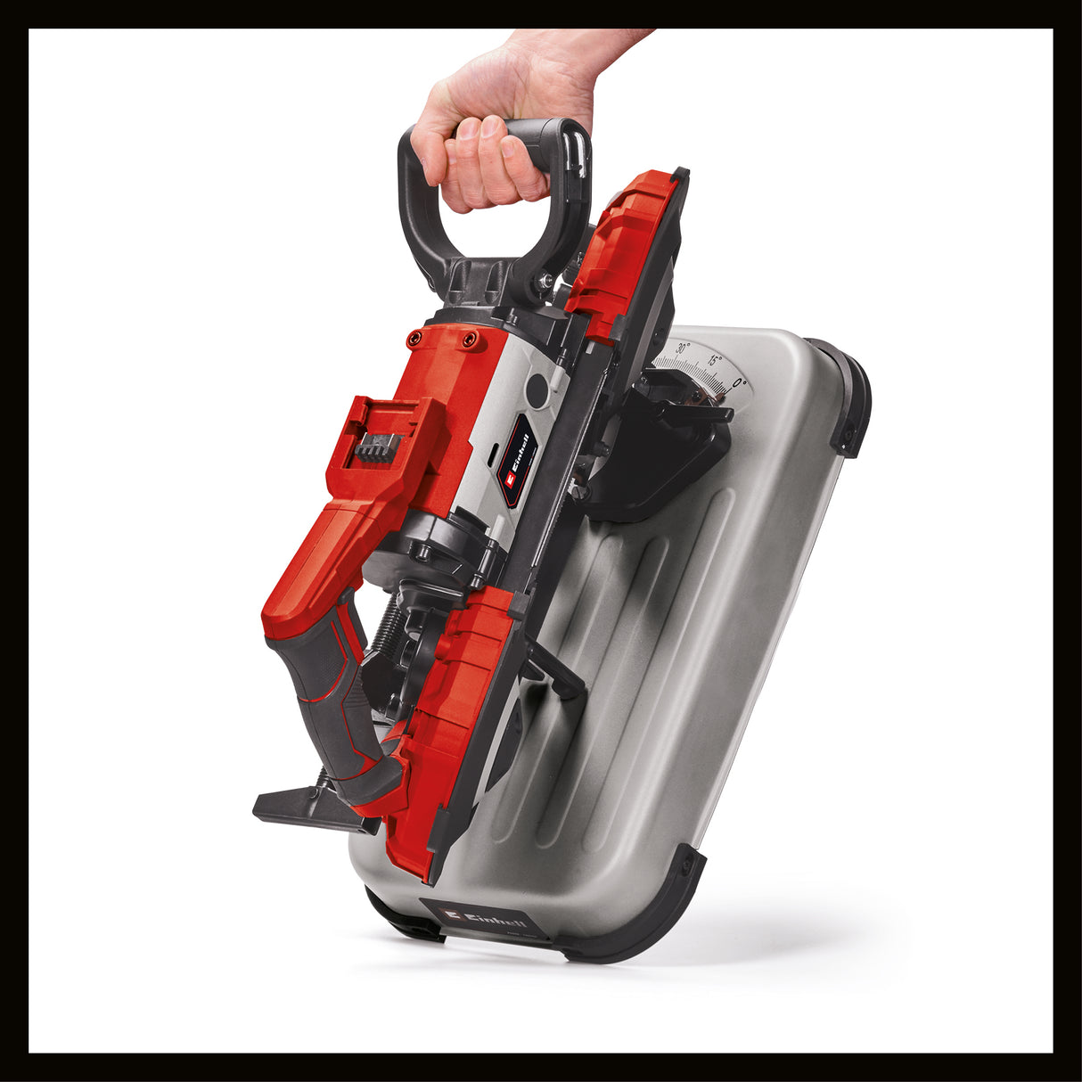 Einhell TE-MB 18/127 U Li-Solo Power X-Change akkus szalagfűrész, 18V, vágási magasság 115 mm, vágási szélesség 127 mm, talp, LED világítás, 2x fűrészszalaggal, akkumulátor nélkül