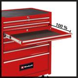 Carucior de scule Einhell TC-TW 150, capacitate maxima de incarcare de 150 kg, 7 sertare complet extensibile montate pe rulmenti, 4 roti mari cu rulare lina, sistem de blocare