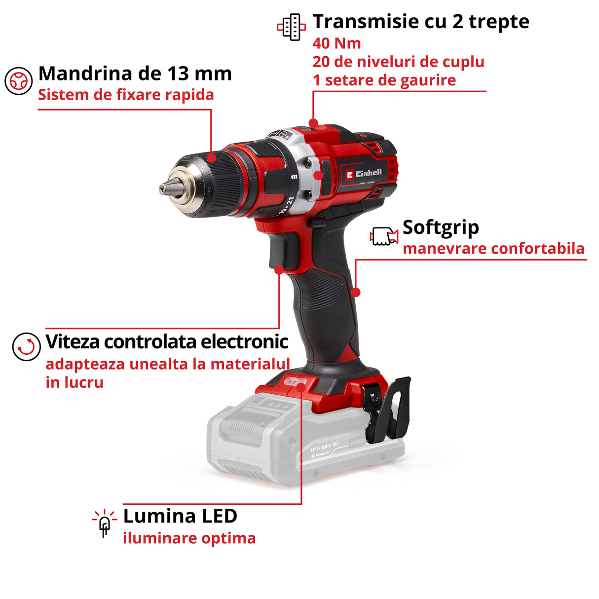 Einhell TE-CD 18/40 Li-Solo Power X-Change akkus fúró-csavarozó, lítium-ion akkumulátorral, 18 V, maximális nyomaték 40 Nm 21 fokozatban, 2 sebességfokozat fúráshoz és csavarozáshoz, elektronikus fordulatszám-szabályozás
