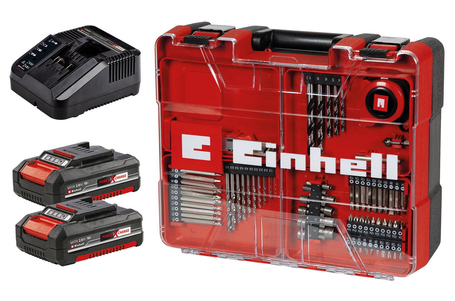 Einhell akkus fúró-csavarozó készlet TE-CD 18/40 Li +69, 2x2.0 Ah PXC lítium-ion, 2 sebességfokozat, 40 Nm, 2x újratölthető akkumulátorral + töltővel, táskával + 69 részes tartozékkészlettel