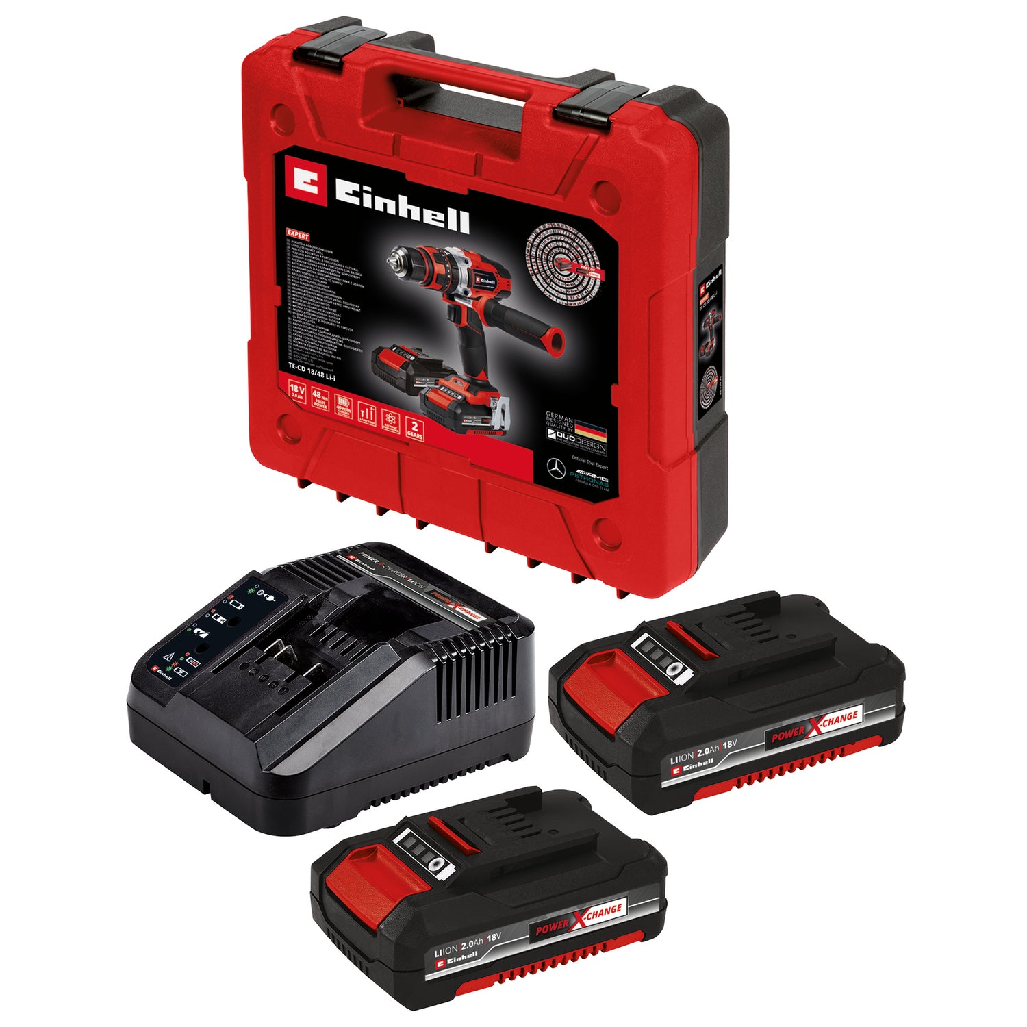 Einhell TE-CD 18/48 Li-i Kit Power X-Change akkus ütvefúró-csavarozó, Li-ion, 18 V, 48 Nm, fúrási kapacitás 10 mm betonban, táska, 2 db 2.0 Ah akkumulátorral és töltővel