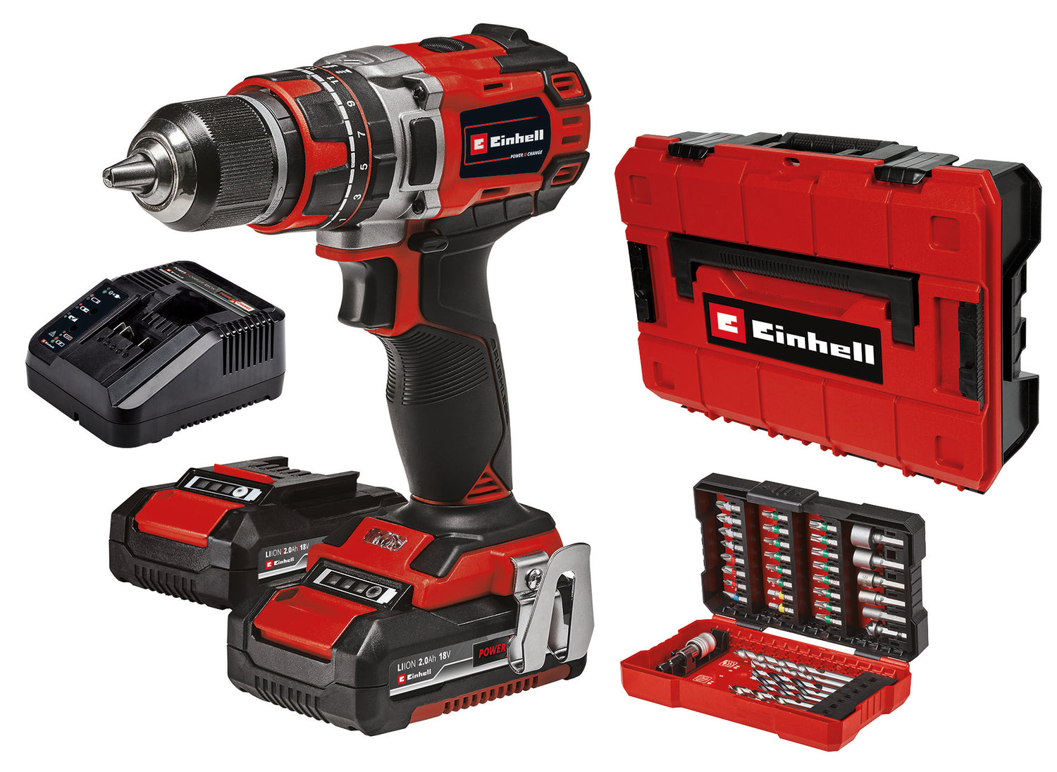 Einhell Professional TP-CD 18/50 Li-i BL+ 39 akkus ütvefúró, 2x2.0 Ah Power X-Change, Li-ion, 18 V, 50 Nm, 28.800 fordulat/perc, 2x2.0 Ah akkumulátorral, töltővel, táskával, 39 részes bitkészlettel együtt