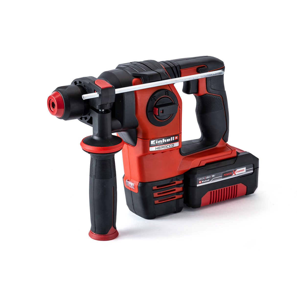 Einhell HEROCCO +5 akkus fúrókalapács, 1 x 3.0 AH Power X-Change Li-ion, 18V, 2.2 joule, 18 Nm, SDS Plus, 3.0 Ah akkumulátorral, töltővel, 3 fúróval, laposvésővel, éles vésővel, E-dobozzal együtt