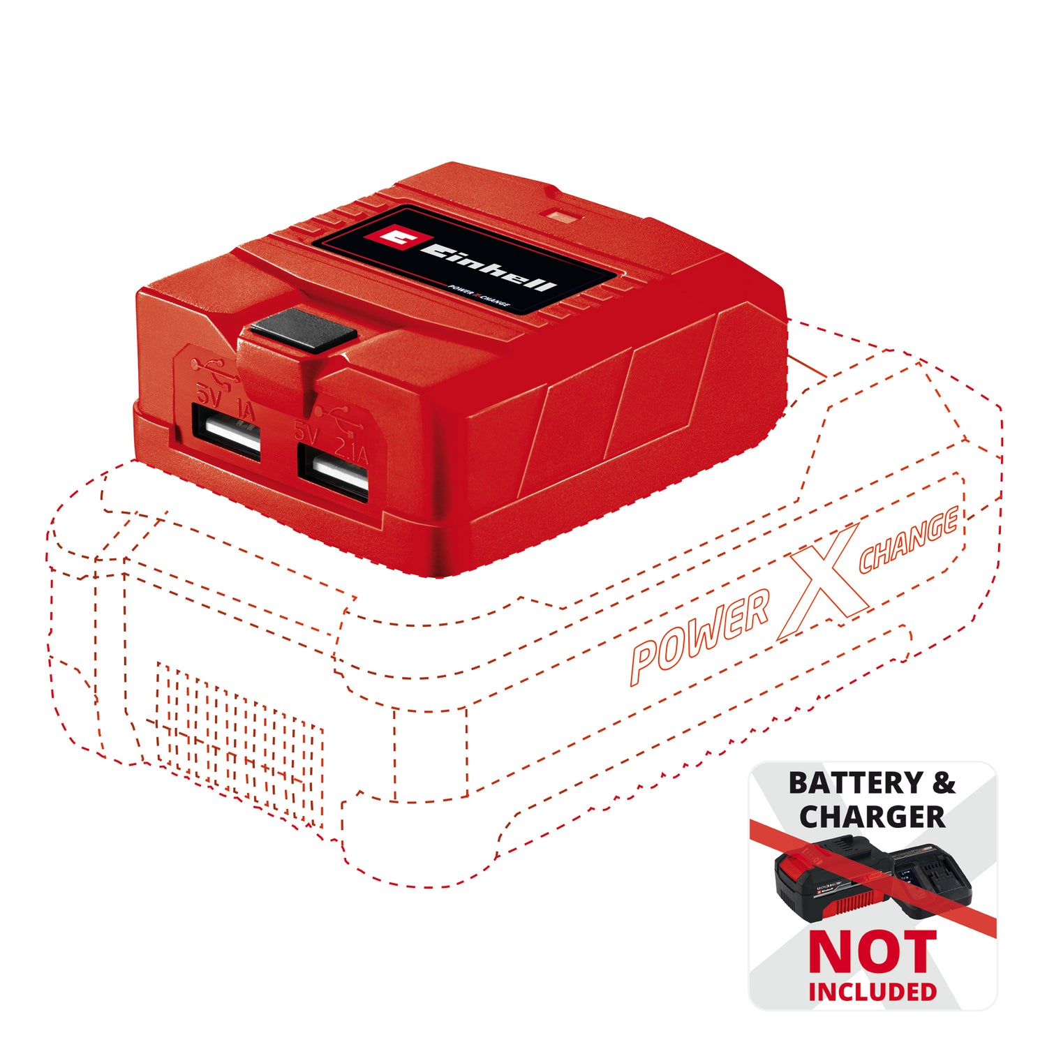 Adaptor USB Einhell TC-CP 18 Li USB Solo Power X-Change, pentru baterii Einhell de 18 V, incarcare mobila a consumatorilor de energie, 2 porturi USB, furnizat fara acumulator