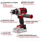 Masina de gaurit si insurubat (bormasina) pe acumulator Einhell Professional TP-CD 18/60 Li BL - Solo Power X-Change, Li-ion, 18 V, motor fara perii, mandrina metalica de gaurit de 13 mm, cutie de viteze cu 2 trepte, livrata fara acumulator sau incarcator