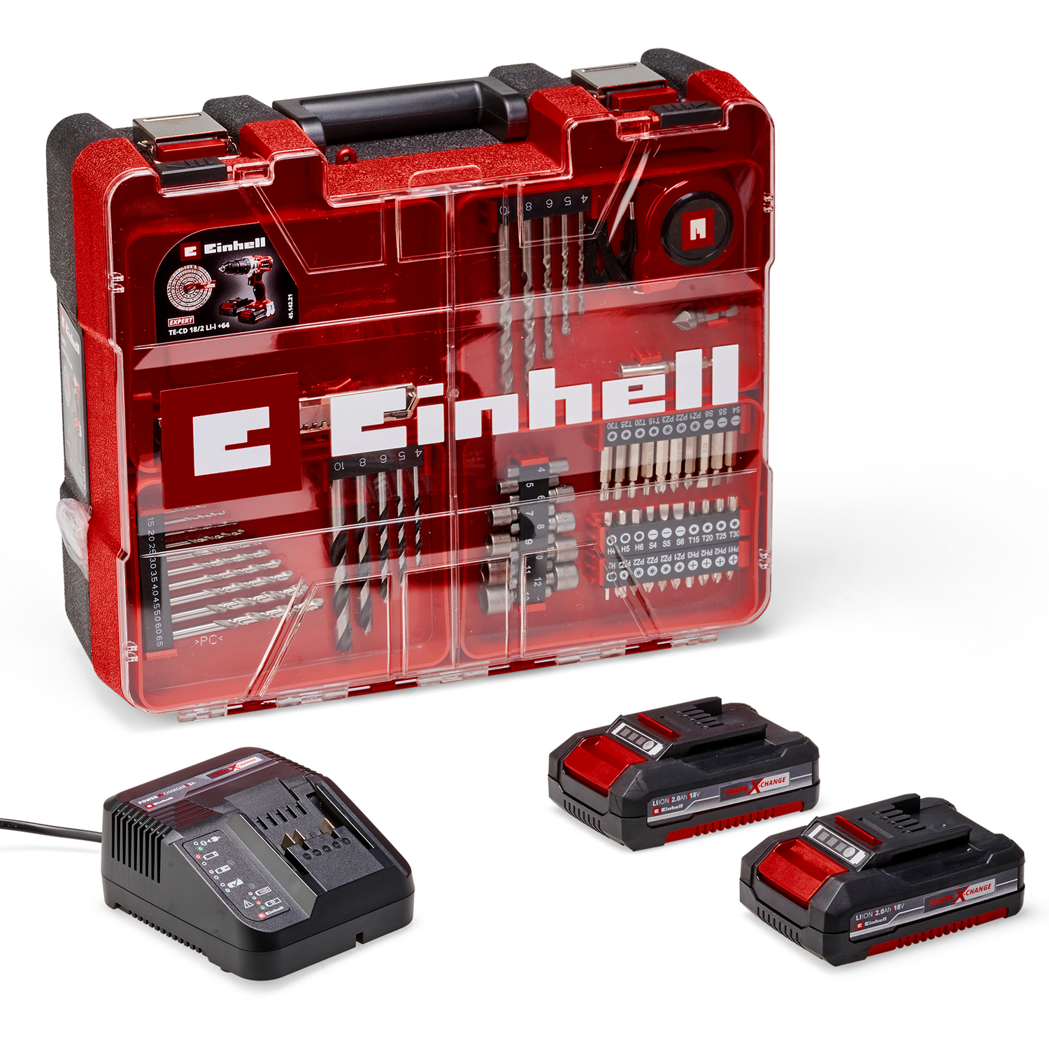 Einhell akkus ütvefúró-csavarozó TE-CD 18/2 Li-i +64, 2x2.0 Ah Power X-Change, Li-ion, 18 V, 44 Nm, 2 sebességes hajtómű, 2.0 Ah akkumulátorral, gyorstöltővel és 64 darabos tartozékkészlettel