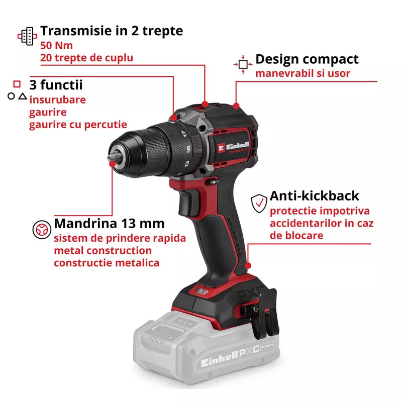Masina de gaurit cu percutie pe acumulator Einhell Professional TP-CD 18/50-C Li-i BL - Solo Power X-Change,18 V, brushless, 50 Nm, anti-kickback, mandrina 13 mm, 2 viteze, fara baterie - imagine 3