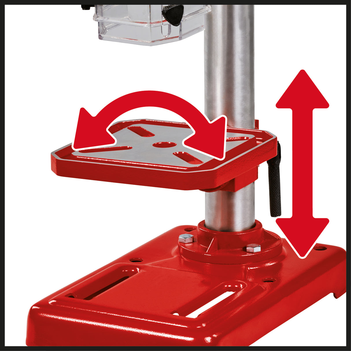 Einhell TC-BD 450 asztali fúrógép, 450 W, akár 2650 fordulat/perc, 5 sebességfokozat, maximális fúrási mélység 50 mm, fúrási mélységkijelző, állítható mélységütköző, dönthető/forgatható és magasságban állítható fúróasztal