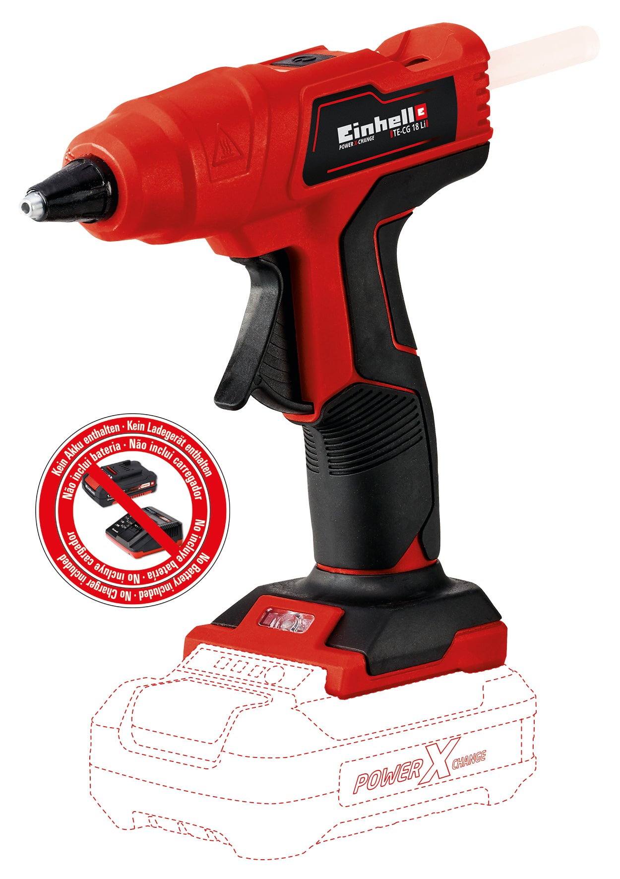 Pistol de lipit pe acumulator Einhell TE-CG 18 Li - Solo PXC, litiu-ion, gata de utilizare in 120 de secunde, include 5 batoane de lipit + duza plata de lipit, furnizat fara acumulator sau incarcator