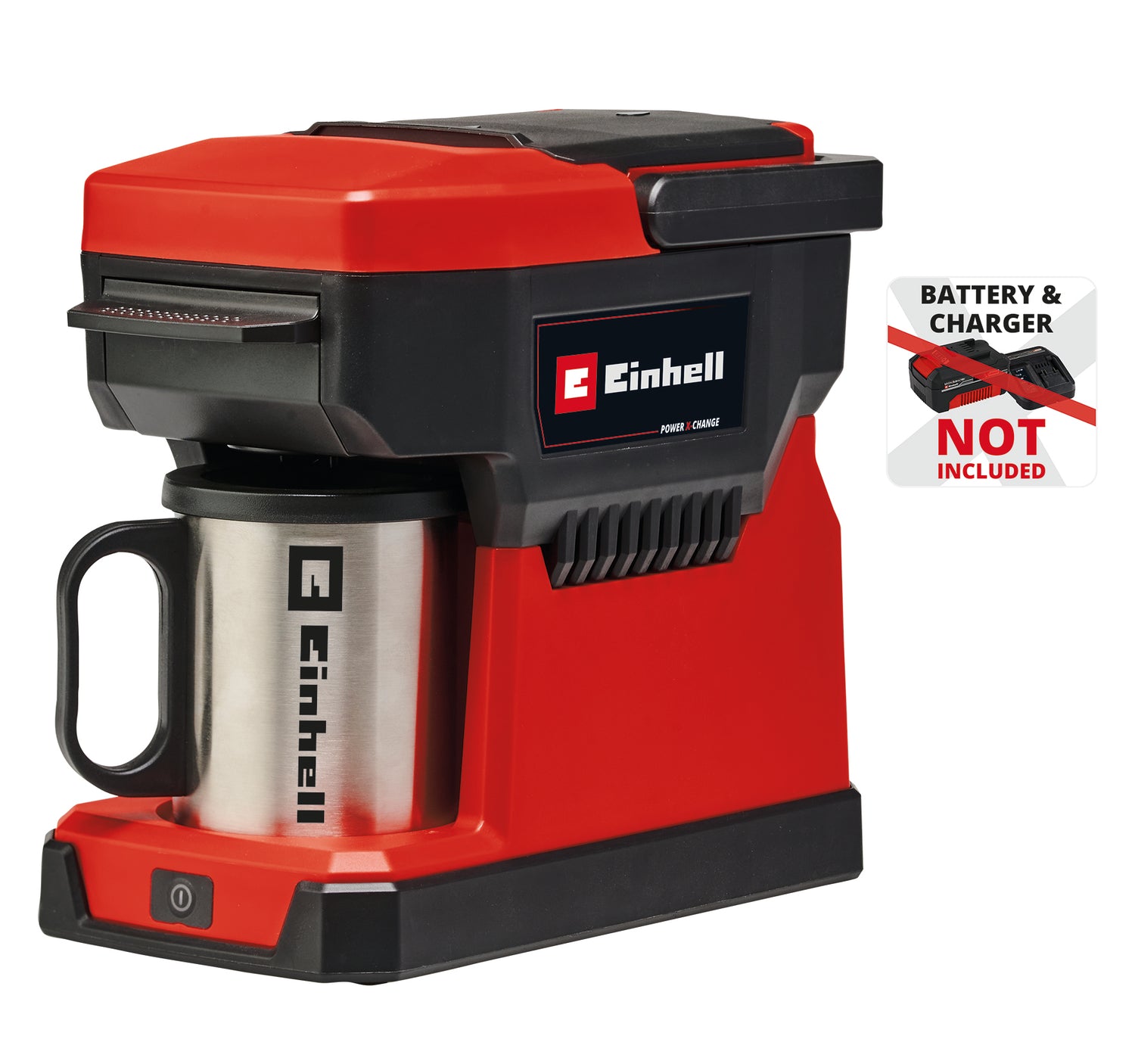 Einhell TE-CF 18 Li-Solo Power X-Change akkus kávéfőző (18 V, 240 ml-es víztartály, filteres kávéhoz és kávépárnákhoz, hordozófogantyú, fedeles pohárral együtt, akkumulátor nélkül).