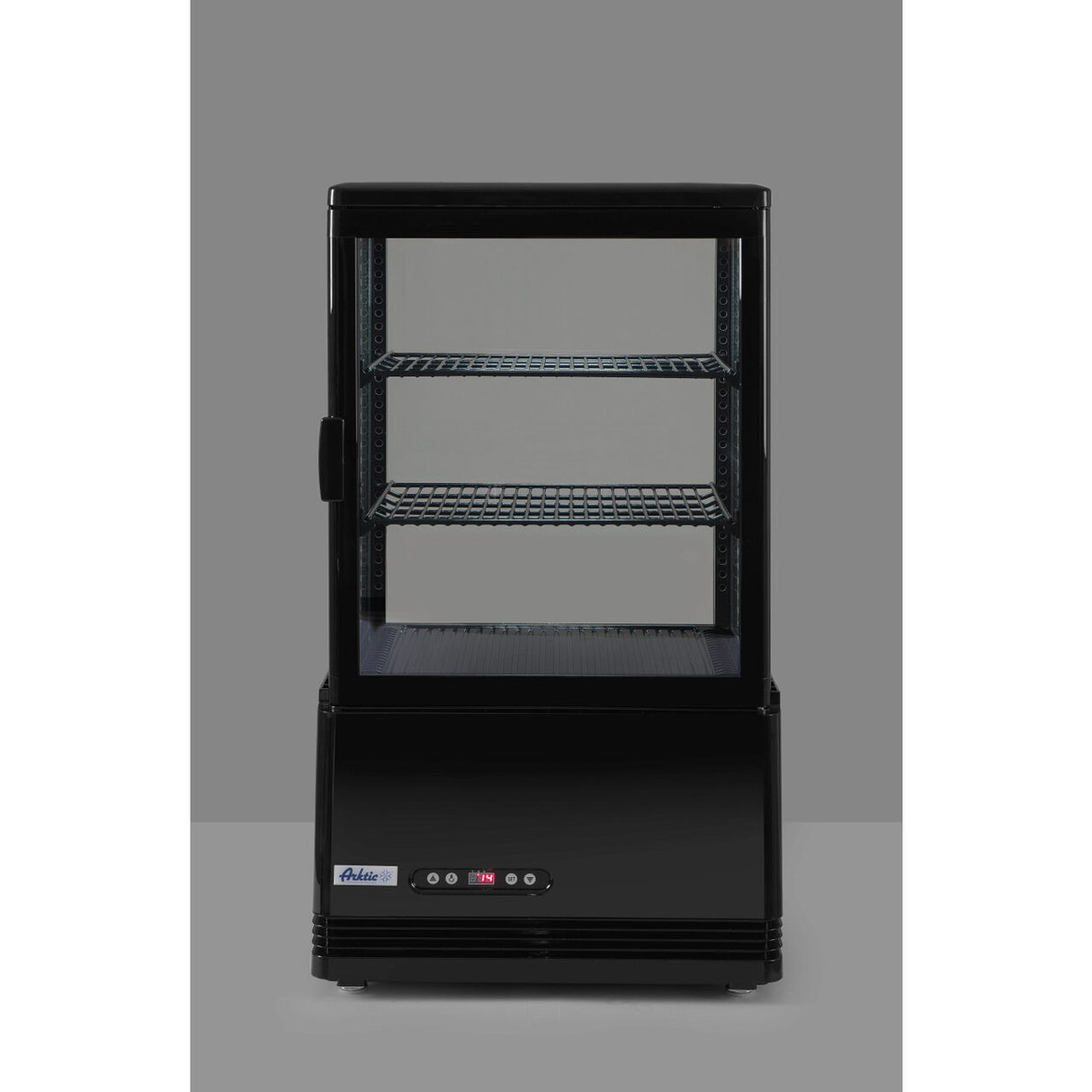 Vitrina rece pt prezentare, neagra, 58 lt, interval temp. 2-6 gr C, 170 W, 2 rafturi reglabile pe inaltime, ARKTIC by Hendi, 452x406x(H)816 mm, Clasa energetica C
