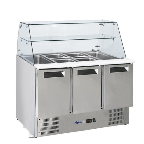 Masa rece cu 3 usi pentru salata cu suprastructura din sticla, 1365x695x(H)825 mm