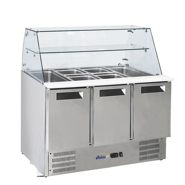 Masa rece cu 3 usi pentru salata cu suprastructura din sticla, 1365x695x(H)825 mm