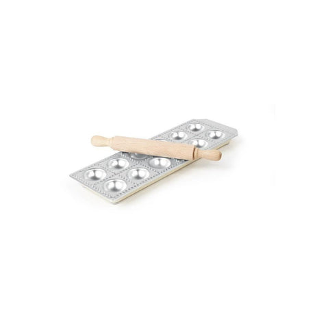 Forma ravioli, aluminiu, 12 forme, picioare antialunecare din cauciuc, sucitor din lemn inclus, diametru 39 mm Hendi, 114x335x22 mm