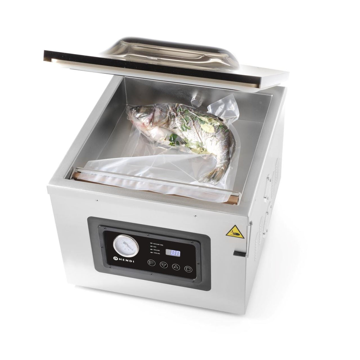 Aparat profesional de vidat cu camera 1000 W, banda sigilare 410 mm, latime 3 mm, timp si ciclu de sigilare ajustabile, Inox, display digital, Hendi Profi Line,  505x567x(h)465 mm