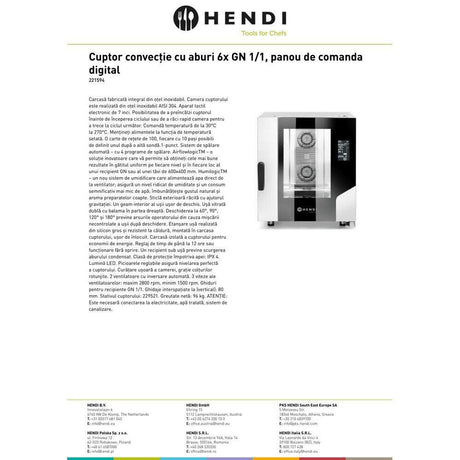 Cuptor convectie cu aburi Hendi Smart 6xGN1/1, touch screen, MF611BM, 400V/10400W, 730x784x(H)850mm