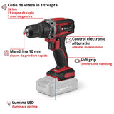 Masina de gaurit cu acumulator Einhell TC-CD 18/38 Li - Solo Power X-Change, 18 V, 38 Nm, mandrina de 10 mm, 21+1 setari de cuplu, lumina LED, fara baterie - imagine 3