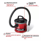 Aspirator pentru cenusa Einhell TC-AV 1830 D, 800 W, putere de aspirare 170 mbar, recipient colectare 18 l, sistem de filtrare, pre-filtru pentru praf fin, functie de suflare, furtun 1 m, cablu 2 m - imagine 3