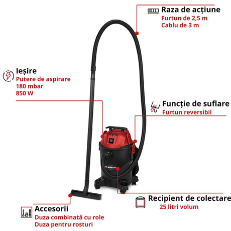 Aspirator umed - uscat Einhell TC - VC 2555 - cablu 3 m, maner transport, 850 W, 25 l BricoMart - scule electrice si unelte profesionale - BricoMart