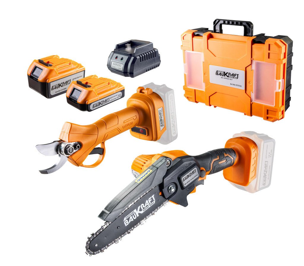 BAUKRAFT Mini fierastrau 18V si foarfeca gradina 4Ah2Ah BK - GPP25 BK - GPPS25 are 2 buc. Acumulatori Li - Ion, cu o capacitate de 2Ah. și 4Ah. Design ergonomic și compact Baukraft - scule electrice si unelte profesionale - BricoMart