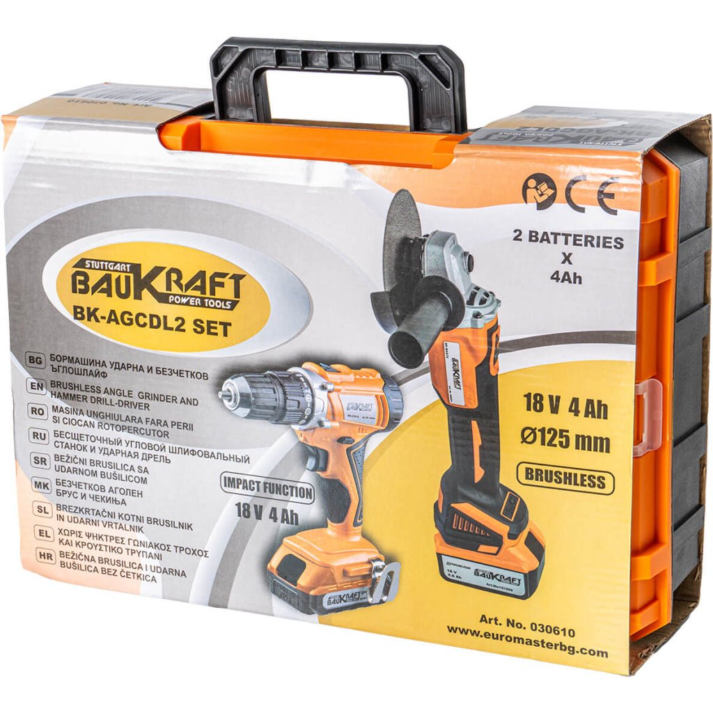 BAUKRAFT Polizor ungh. si mas. gaurit cu percutie 18V 2x4Ah BK - AGCDL2 Motor fără perii pentru o eficiență mai mare și o durată de viață mai lungă. Cei doi acumulatori de 4Ah asigură un timp Baukraft - scule electrice si unelte profesionale - BricoMart