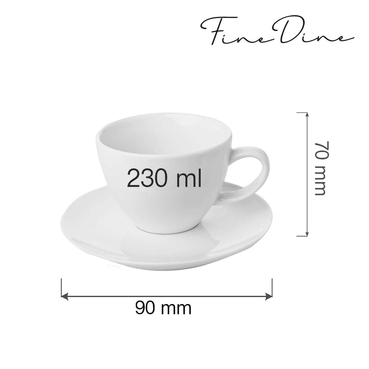 Ceasca eleganta cu farfurie, Fine Dine, Bianco, Alb, portelan vitrificat, rezistenta la temeperaturi de pana la 180 C, 230 ml