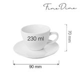 Ceasca eleganta cu farfurie, Fine Dine, Bianco, Alb, portelan vitrificat, rezistenta la temeperaturi de pana la 180 C, 230 ml