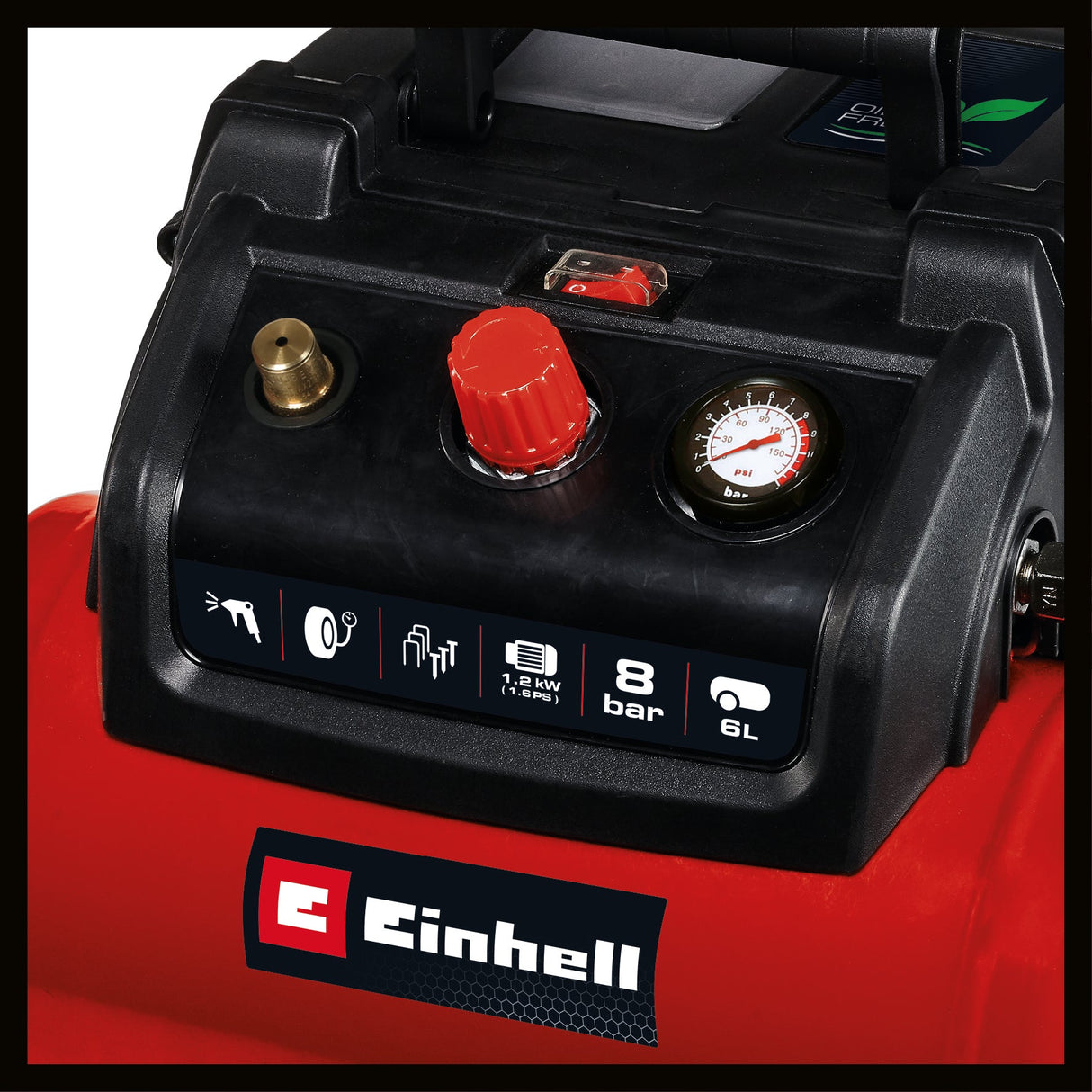 Compresor Einhell TC - AC 190/6/8 OF Set, 1200 W, max. 8 bar, rezervor de 6 L, capacitate de admisie 190 L/m, turatie motor 18000 rpm, regulator de presiune, manometru, fara ulei Einhell - scule electrice si unelte profesionale - BricoMart