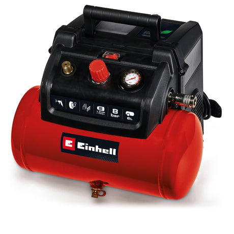 Compresor Einhell TC - AC 190/6/8 OF Set, 1200 W, max. 8 bar, rezervor de 6 L, capacitate de admisie 190 L/m, turatie motor 18000 rpm, regulator de presiune, manometru, fara ulei Einhell - scule electrice si unelte profesionale - BricoMart