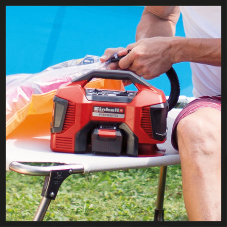 Compresor pe acumulator Einhell PRESSITO Power X - Change, 18 V, max. 11 bar, lungime furtun 31 cm, inclusiv set adaptor 3 piese, fara acumulator Einhell - scule electrice si unelte profesionale - BricoMart