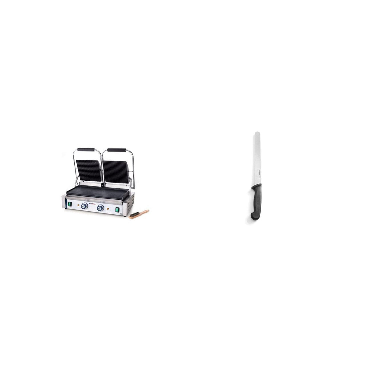 Contact grill dublu (striat/neted) + Cuțit pâine negru